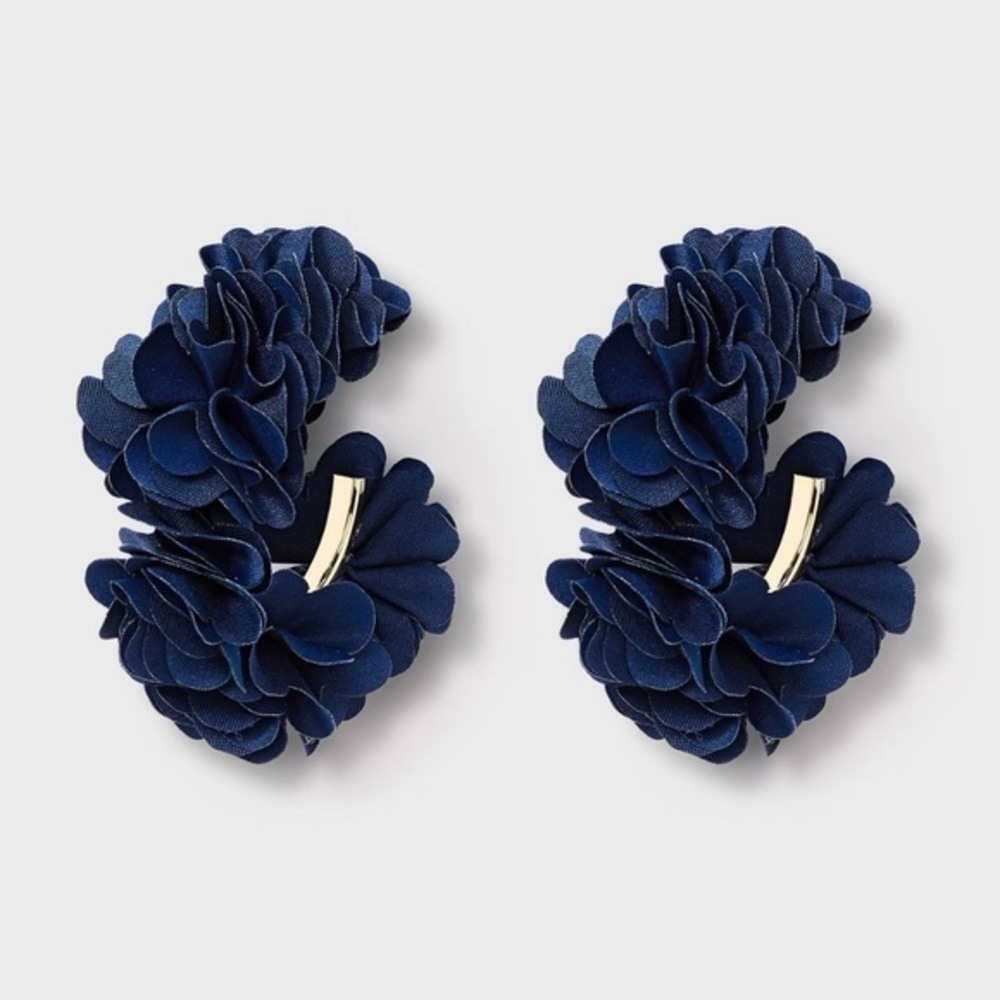 Fun Flirty Flowery::Fabric Floral Navy Blue Hoop Statement Earrings:: NWT::